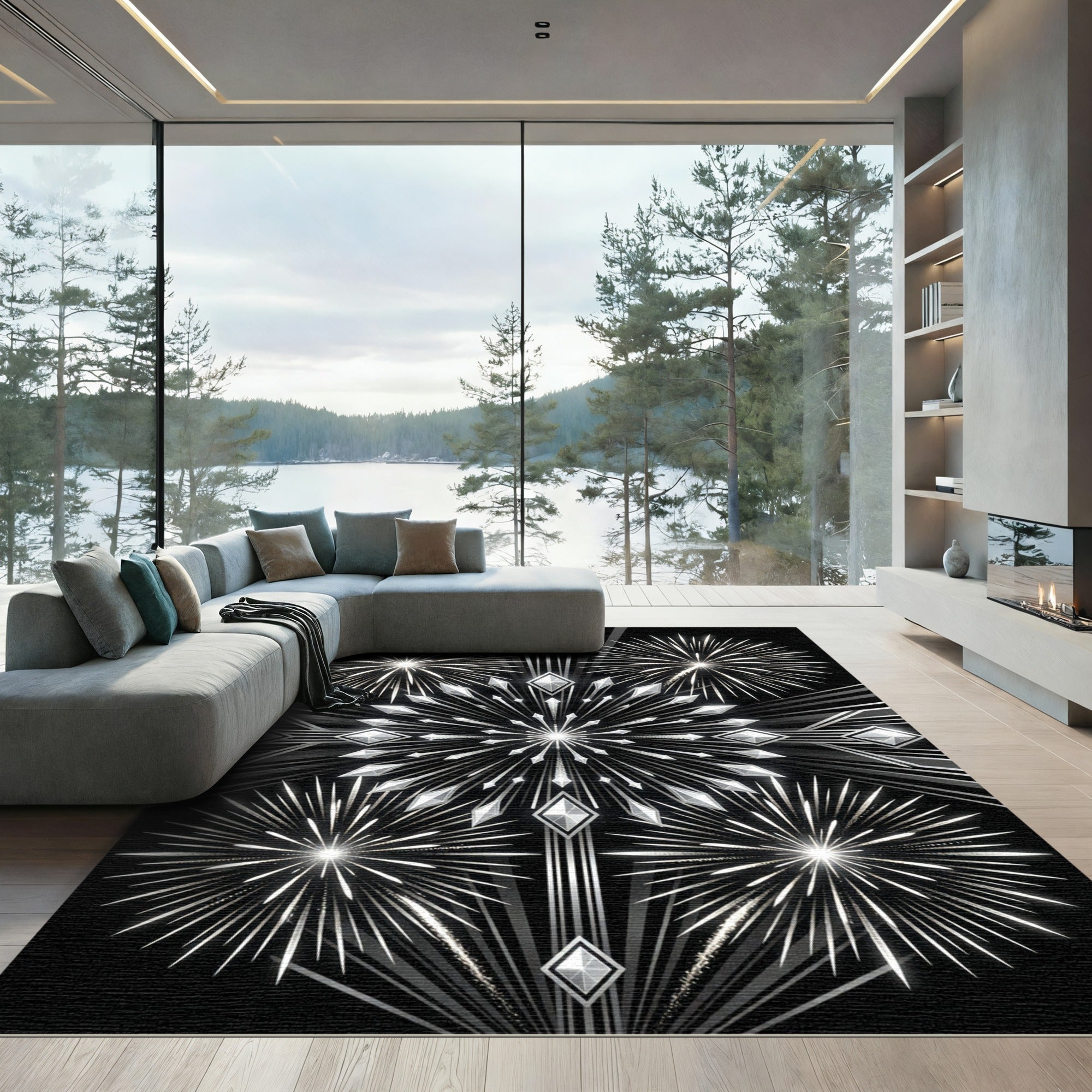 Art Deco Monochrome Shimmering Burst Rug