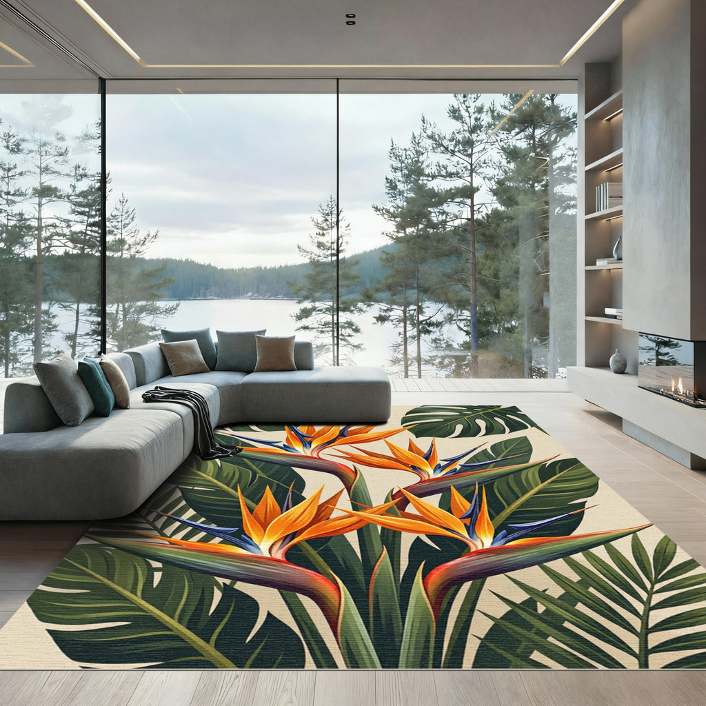 Vibrant Bird of Paradise Tropical Leaves Rug