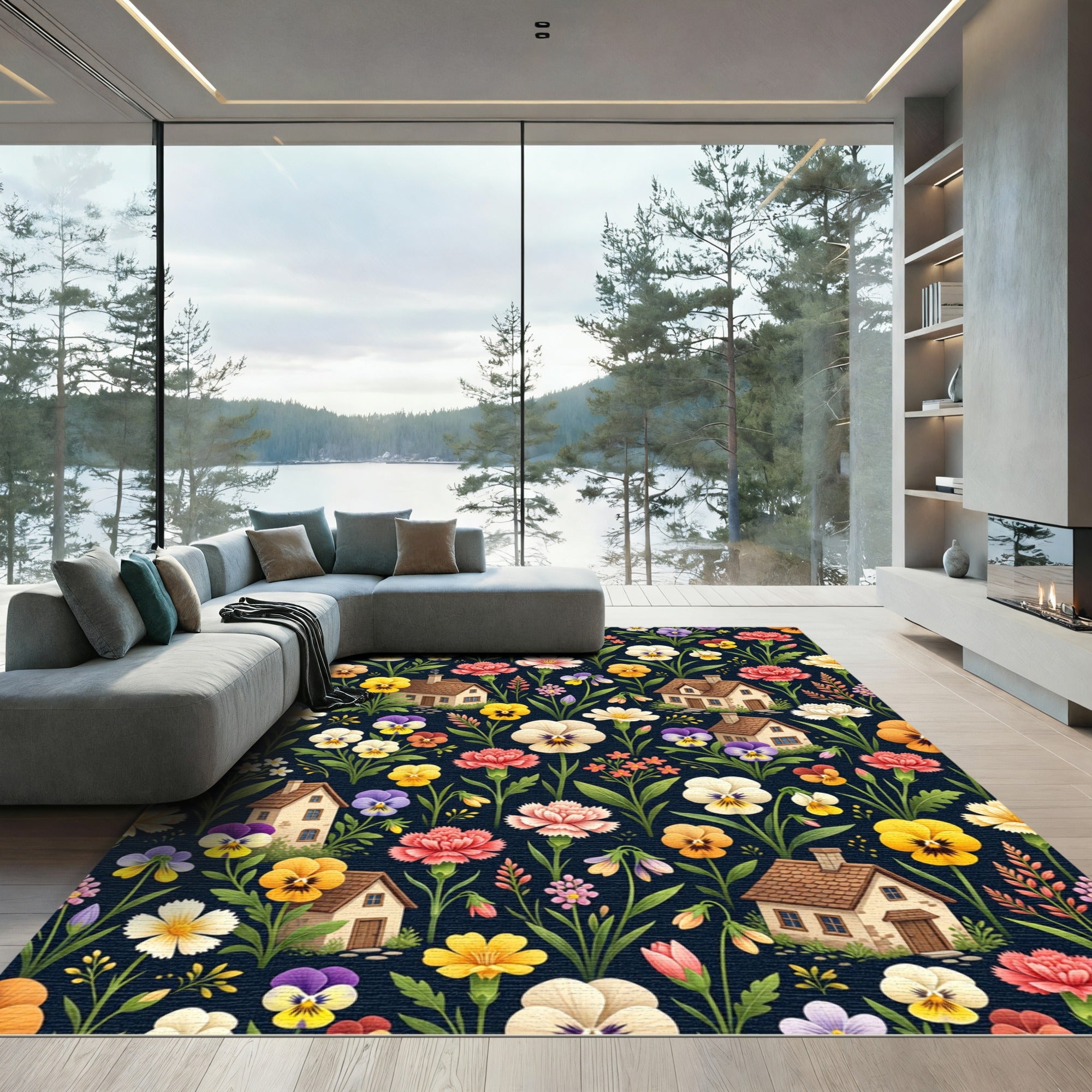 Charming Cottage Floral Garden Scene Rug