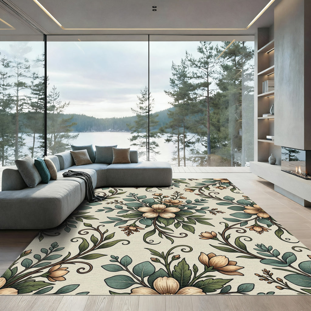 Elegant Sage Cream Botanical Floral Bloom Rug