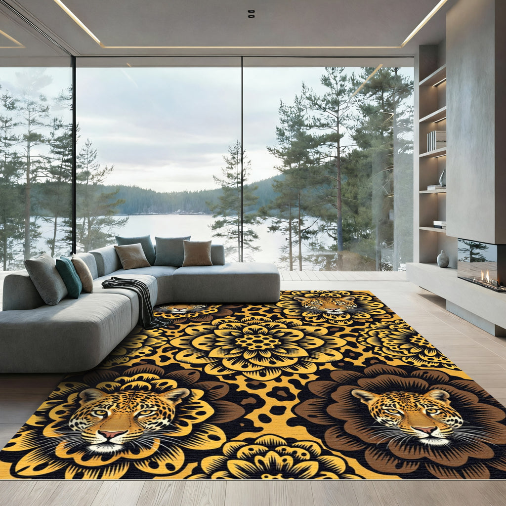 Bold Golden Leopard Floral Medallion Rug
