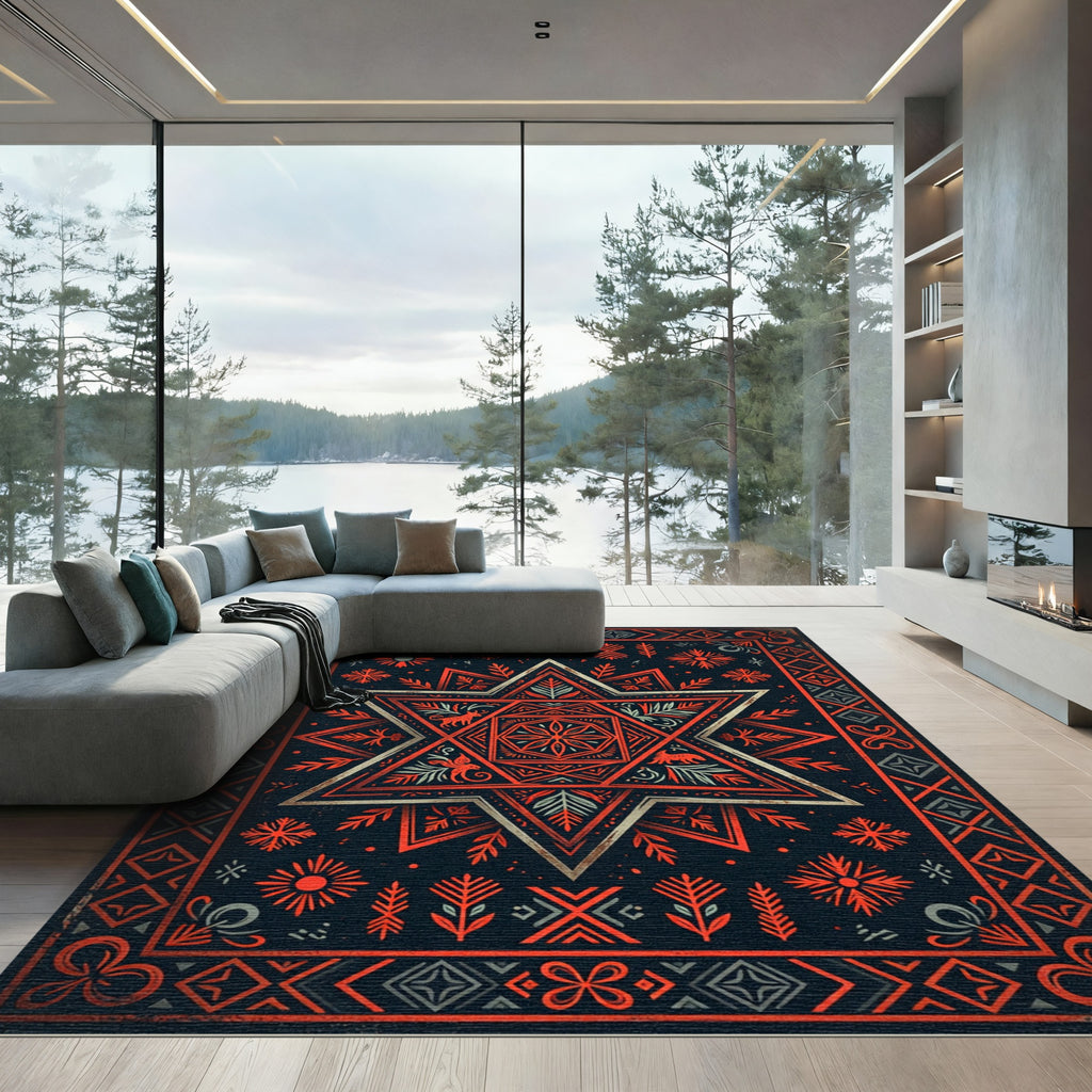 Crimson Geometric Star Folk Art Rug