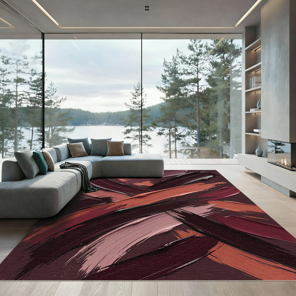 Abstract Burgundy and Sienna Brushstrokes Rug