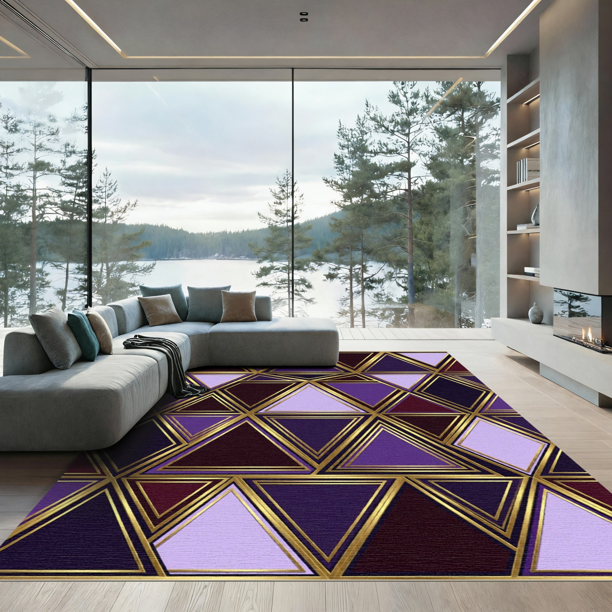 Royal Purple Gold Geometric Triangles Rug