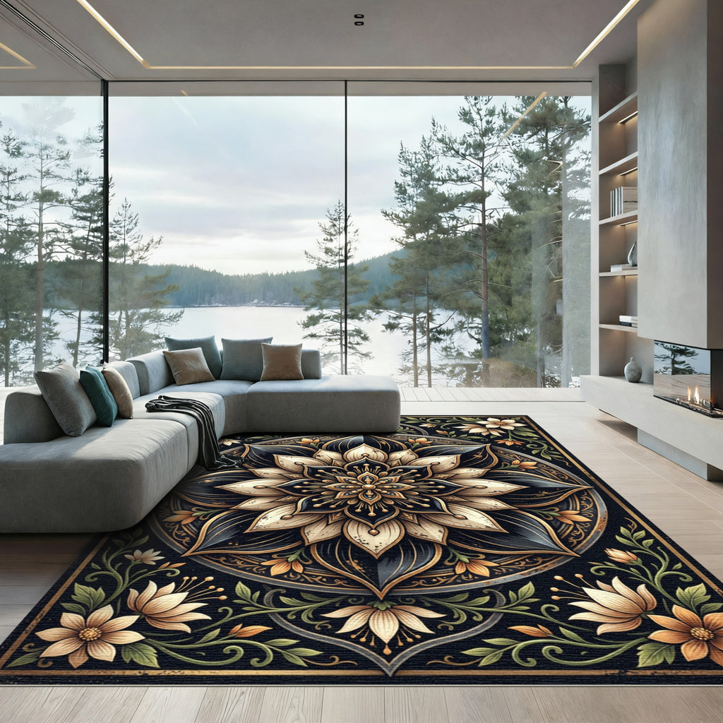 Earthy Black and Gold Floral Mandala Rug