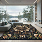 Earthy Black and Gold Floral Mandala Rug