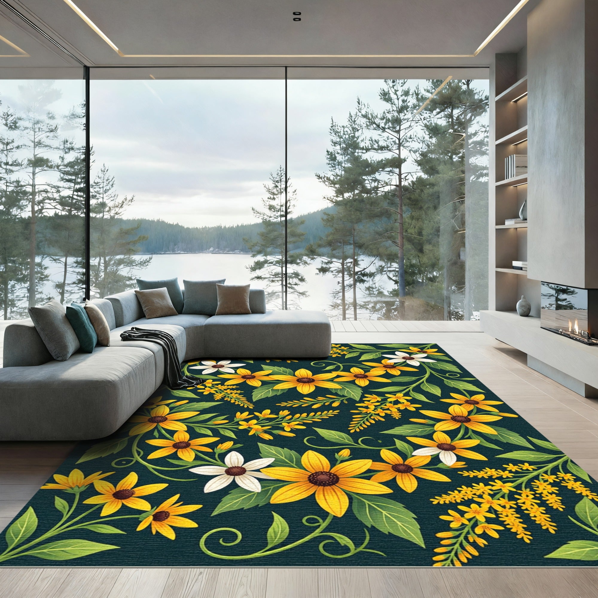 Golden Sunflower Meadow Dark Botanical Rug