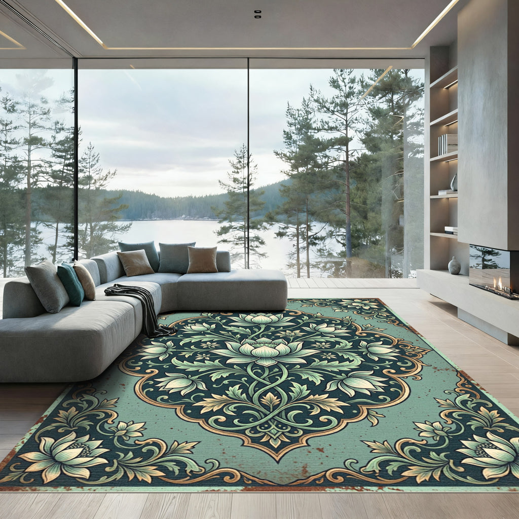 Ethereal Sage Lotus Medallion Floral Rug