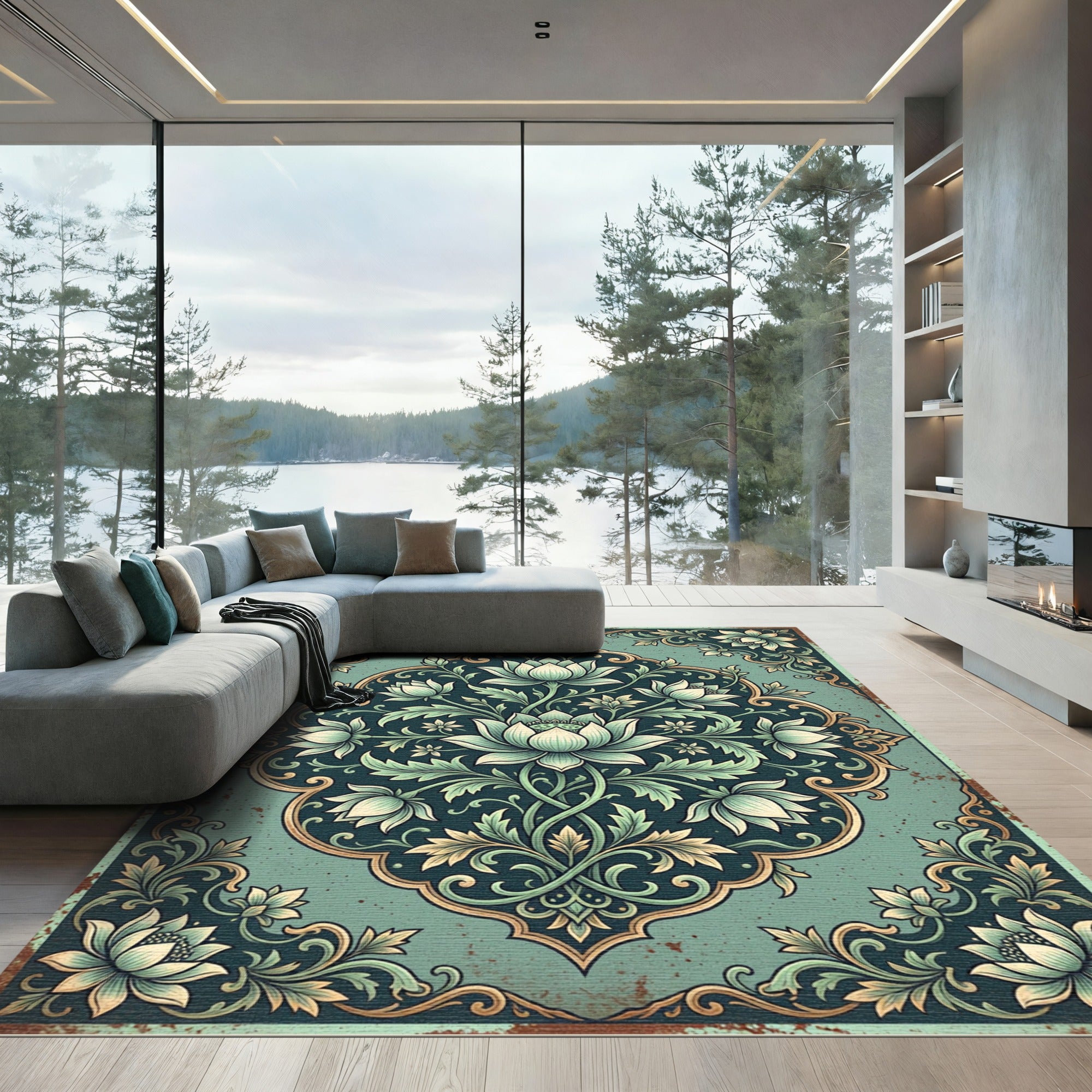 Ethereal Sage Lotus Medallion Floral Rug