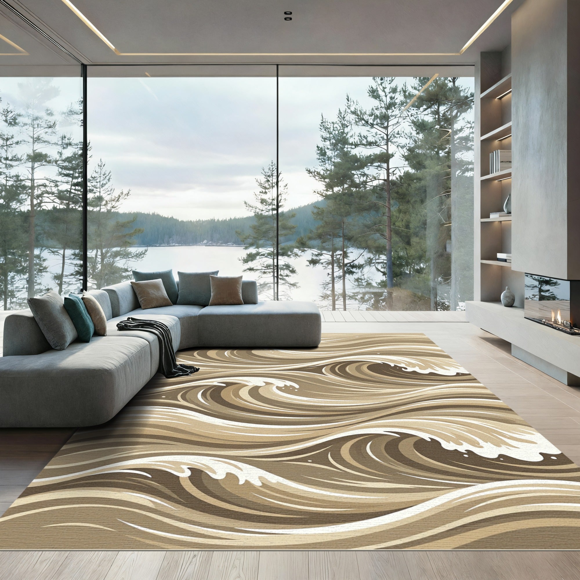 Abstract Tan Monochrome Flowing Wave Rug