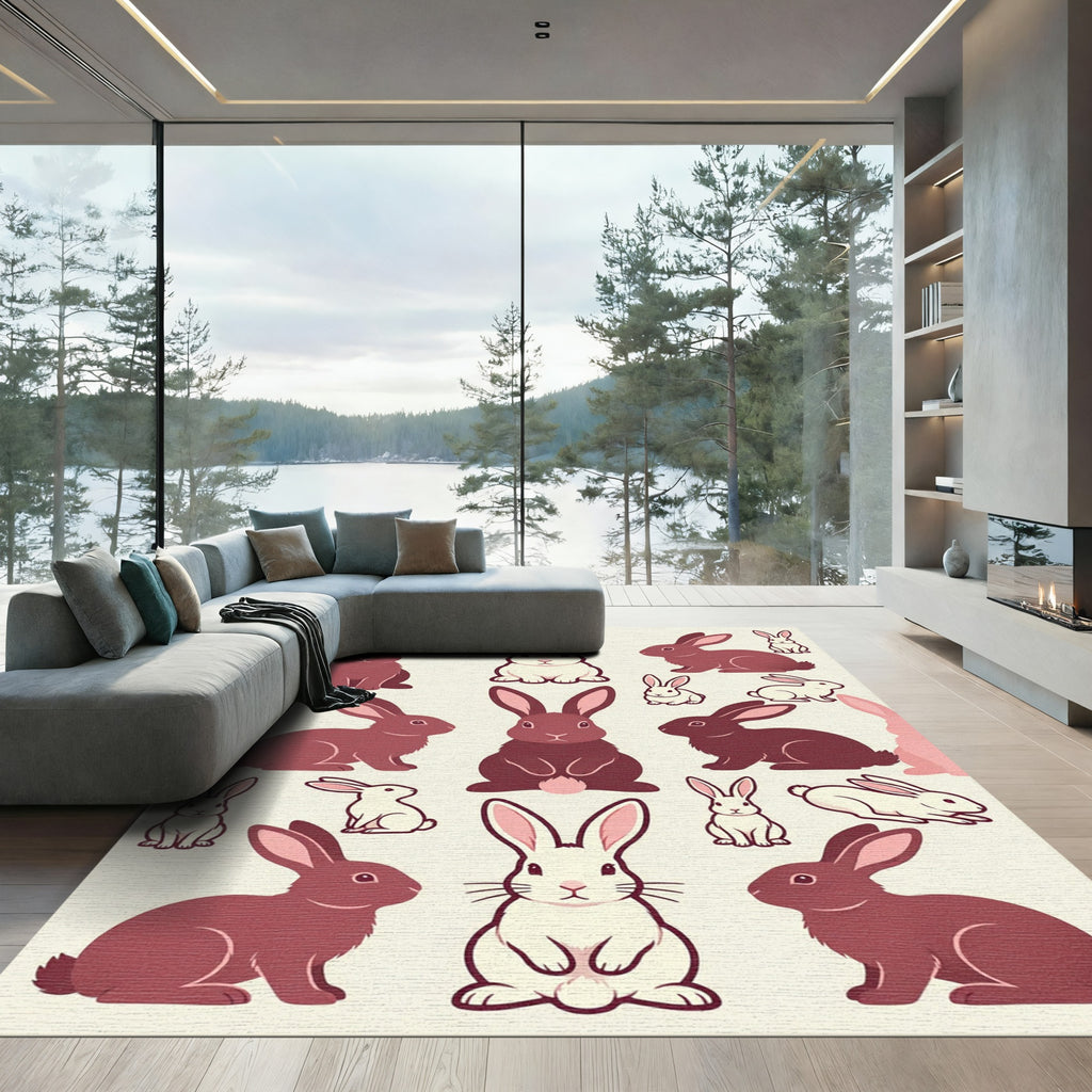 Whimsical Burgundy Cream Rabbit Meadow Rug