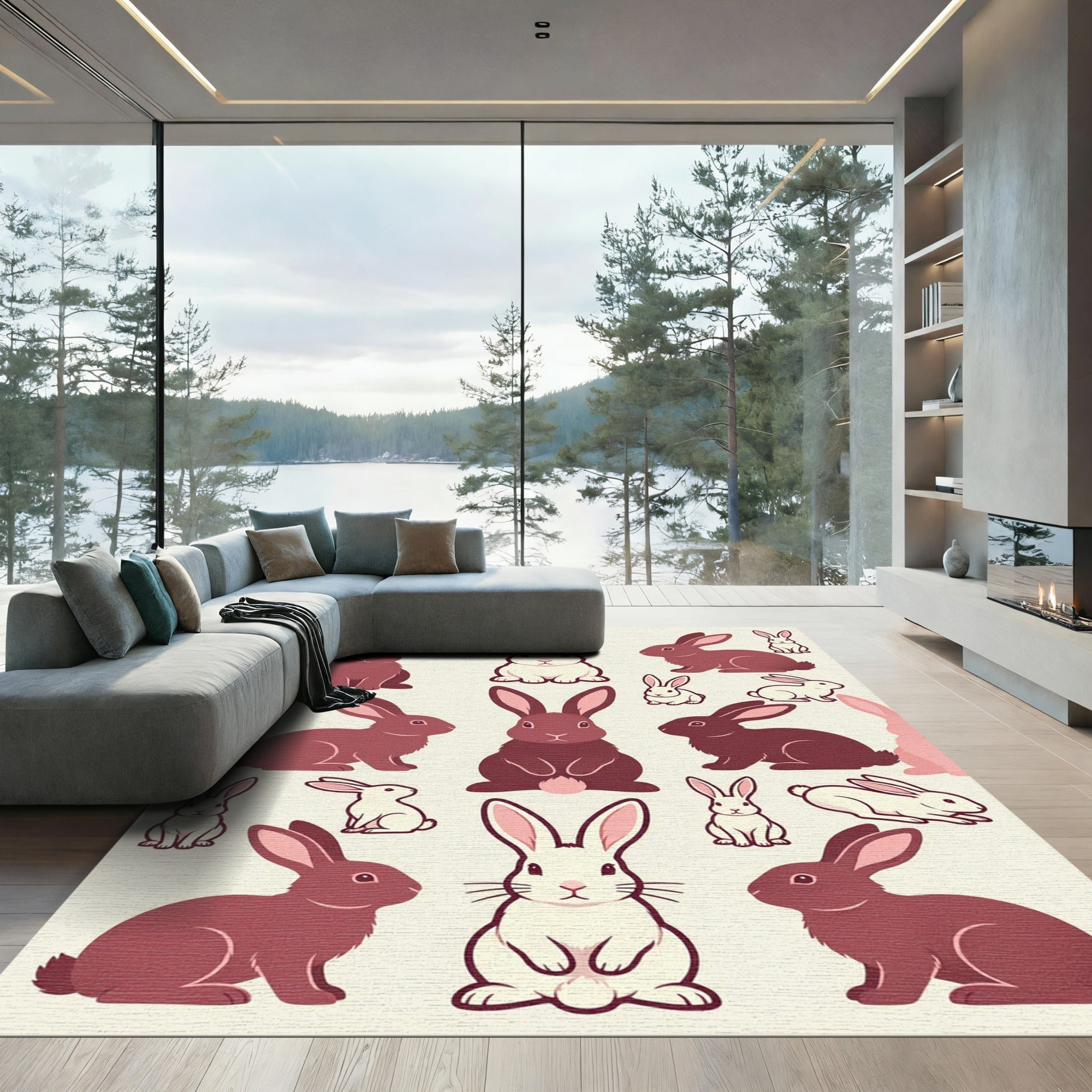 Whimsical Burgundy Cream Rabbit Meadow Rug