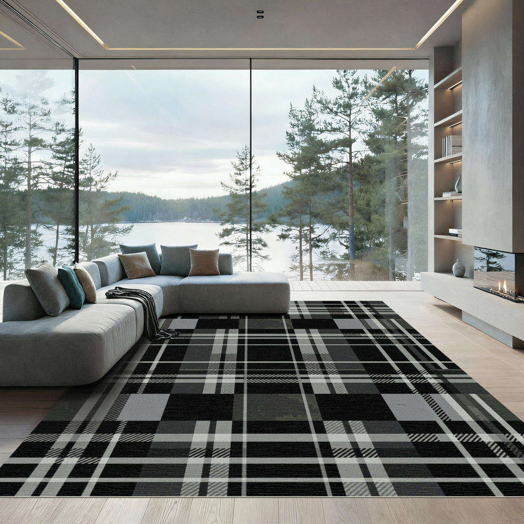 Modern Charcoal Gray Plaid Tartan Rug