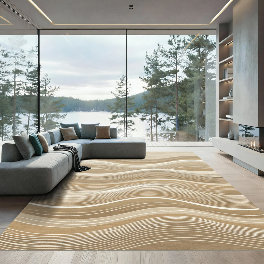 Beige Fluid Wavy Line Texture Rug