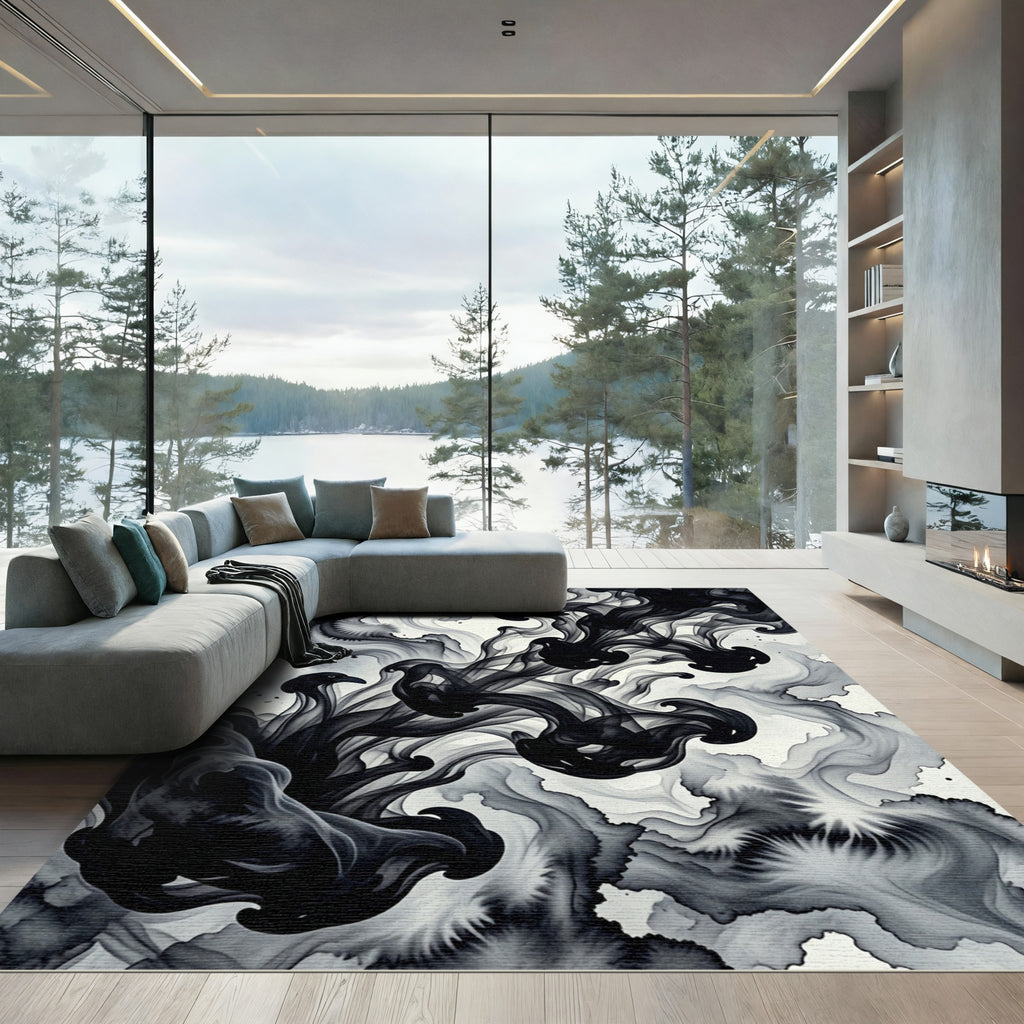 Bold Black Ink Swirl Abstract Rug