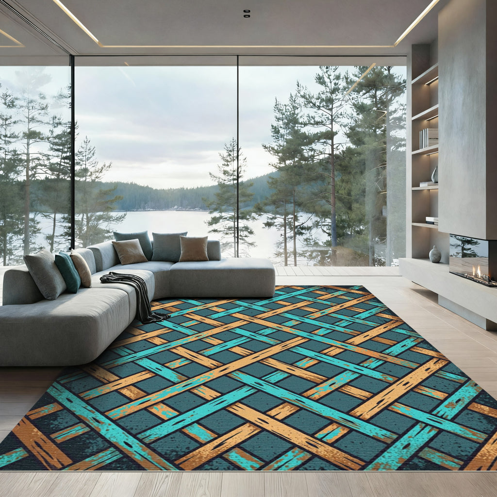 Teal Gold Woven Lattice Rug