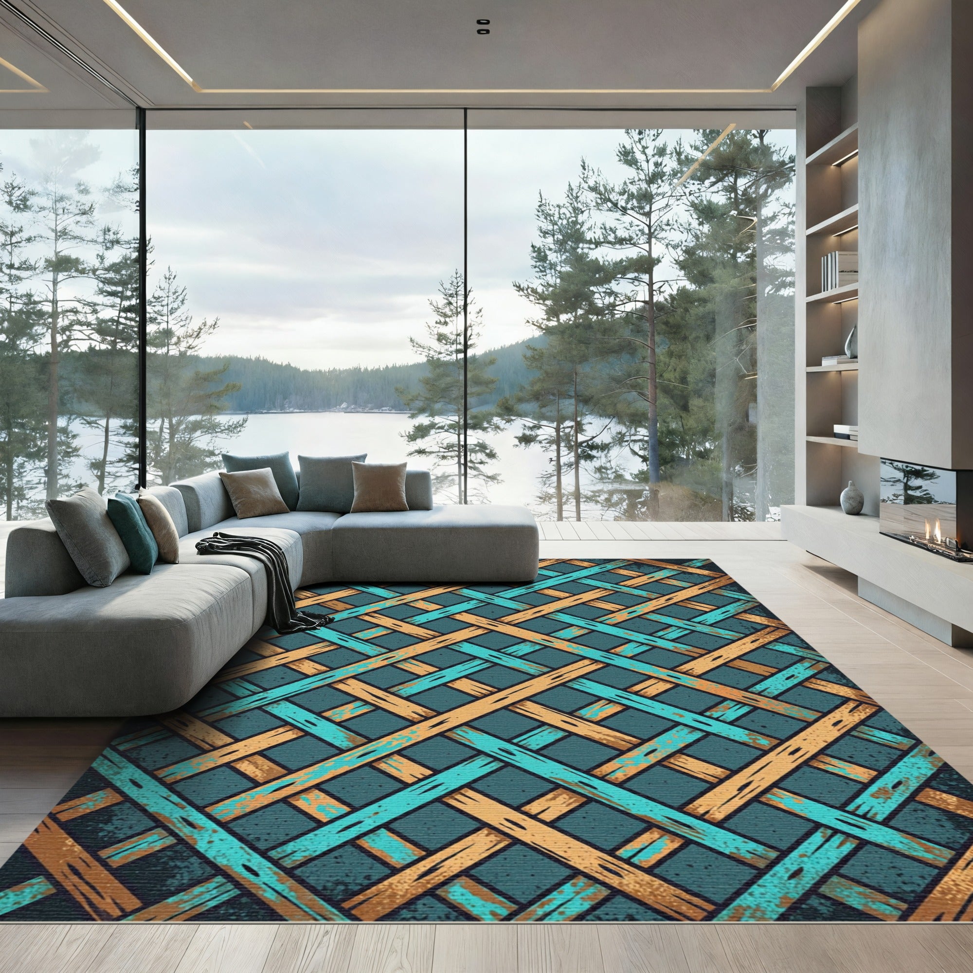 Teal Gold Woven Lattice Rug