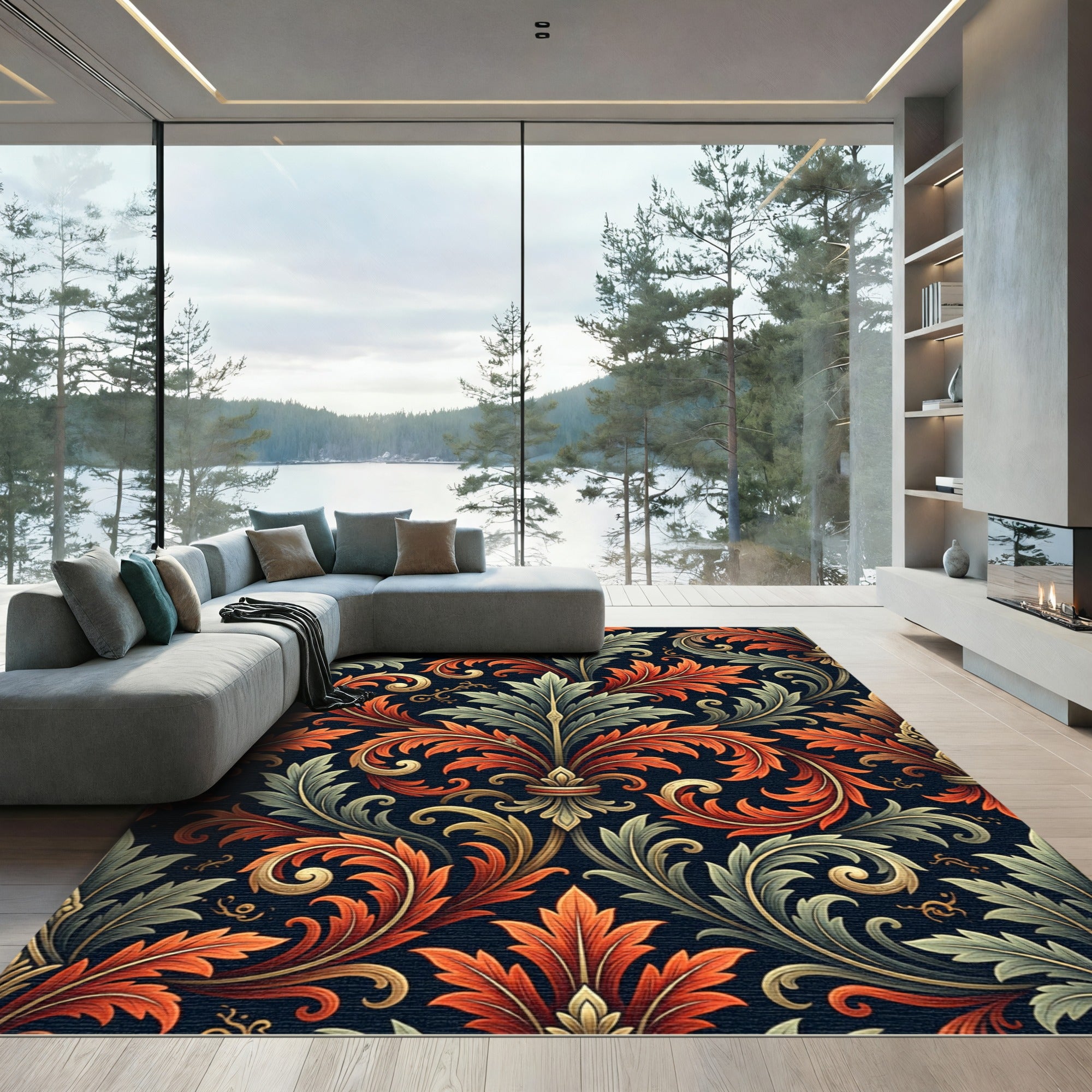 Ornate Autumn Acanthus Leaf Scrollwork Rug