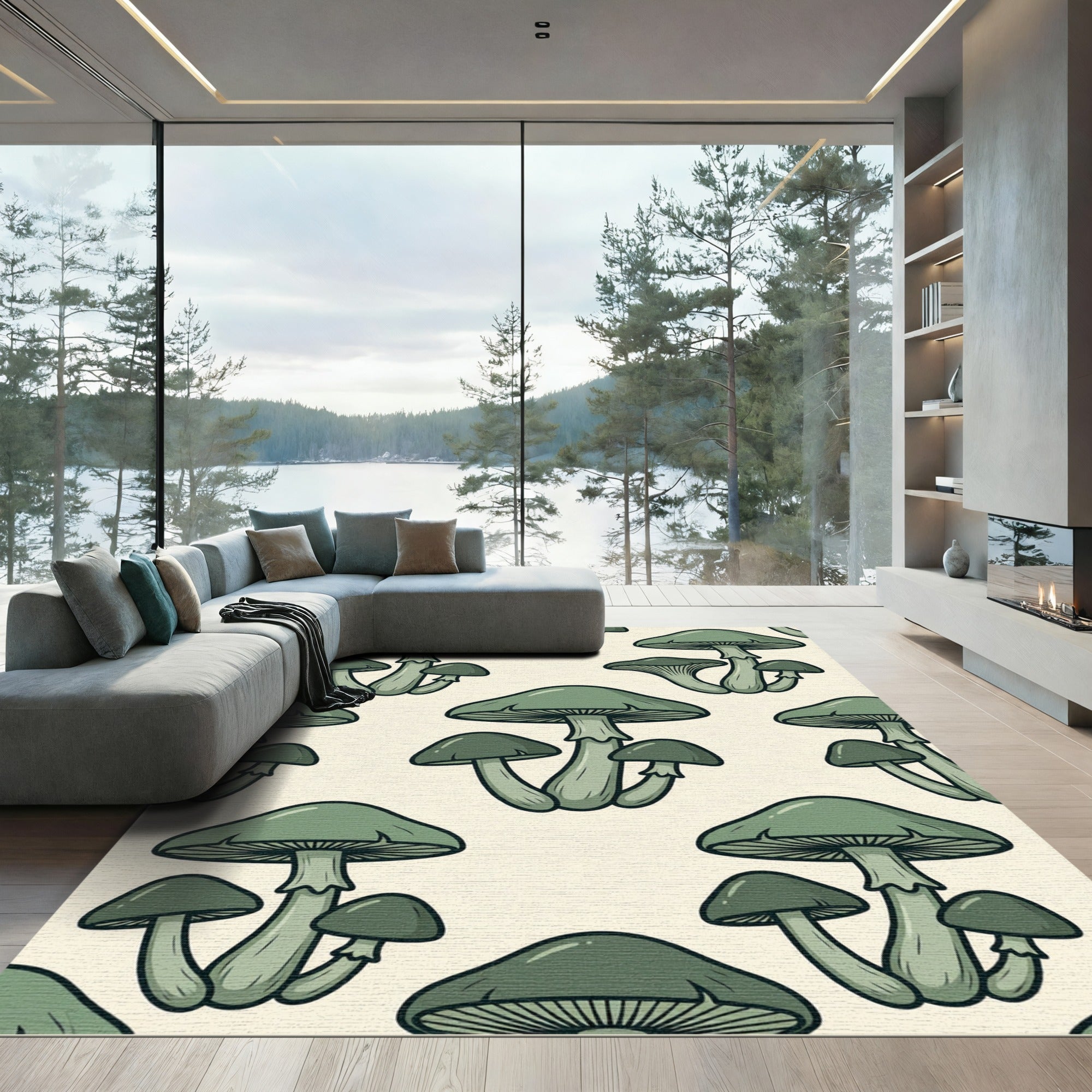 Sage Green Woodland Mushroom Forest Rug