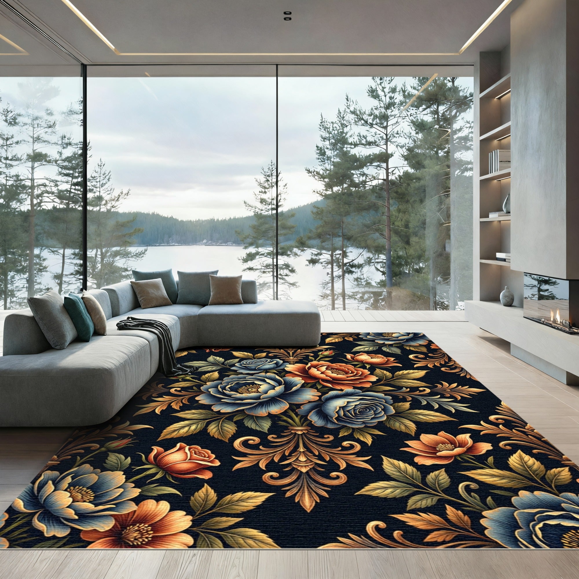 Royal Blue Orange Floral Acanthus Rug