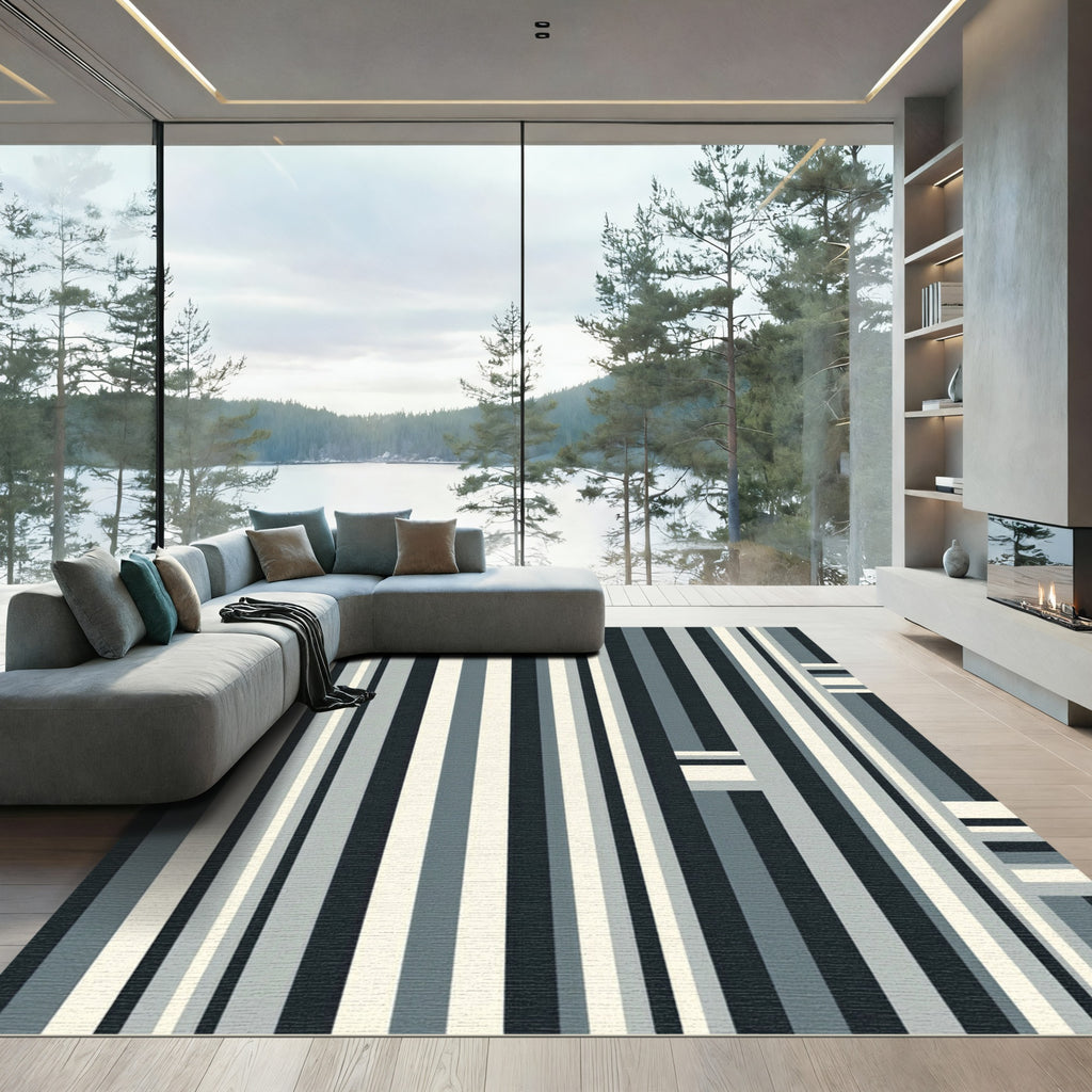 Modern Vertical Stripe Gray Cream Rug
