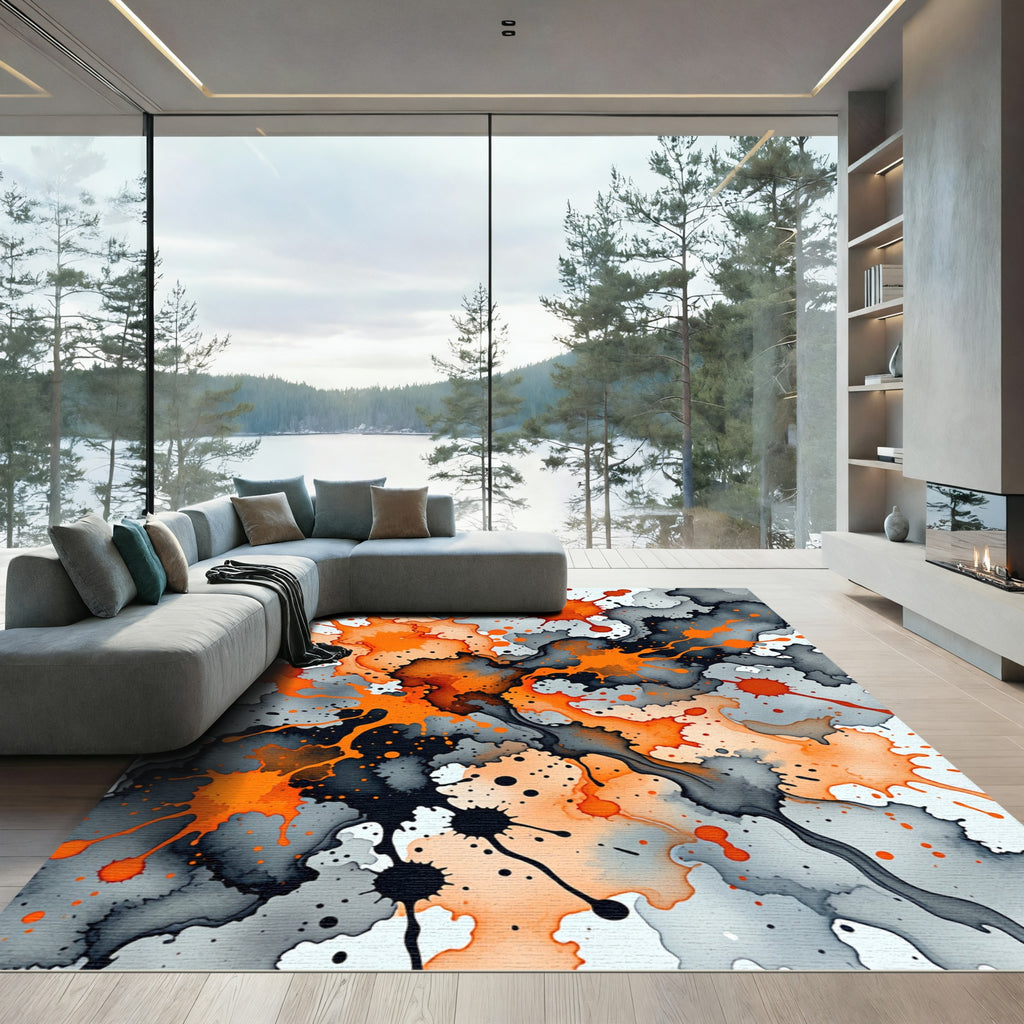 Vibrant Orange and Charcoal Ink Splatter Rug