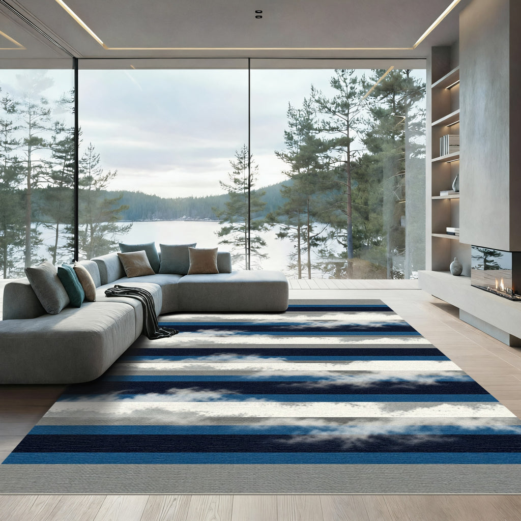 Cloudy Blue and Gray Striped Landscape Rug