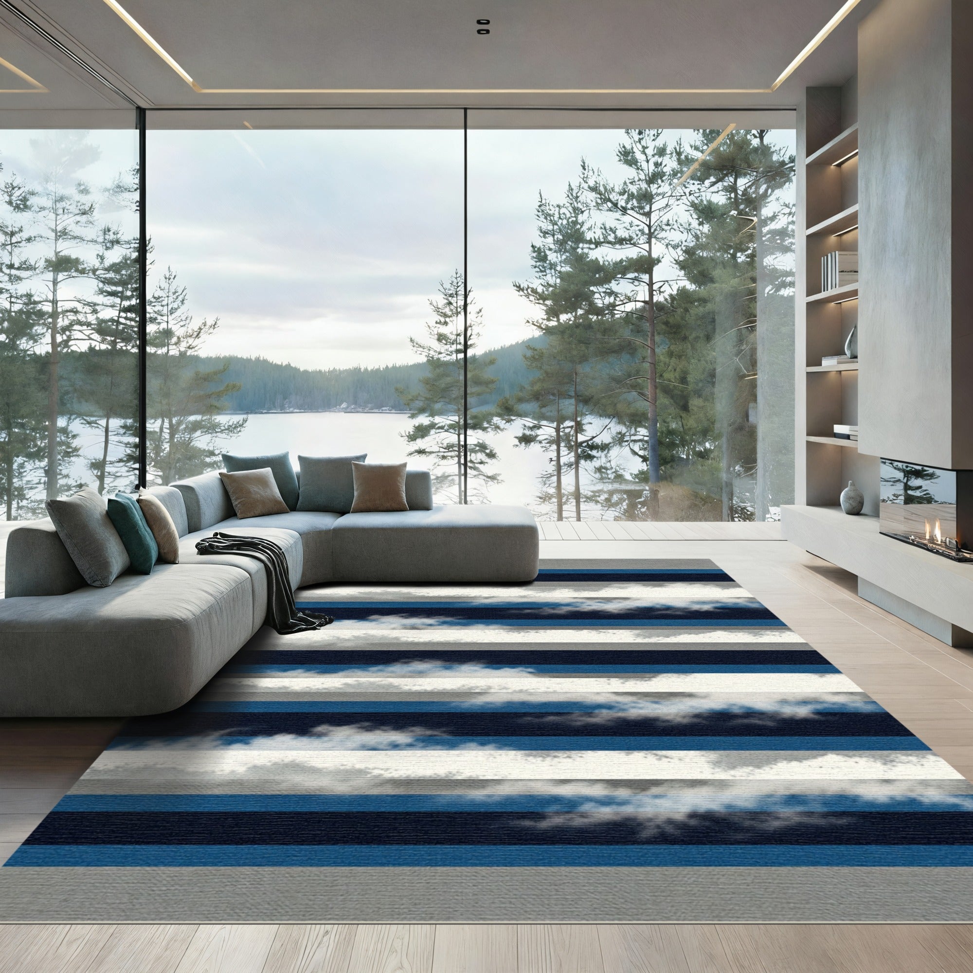 Cloudy Blue and Gray Striped Landscape Rug