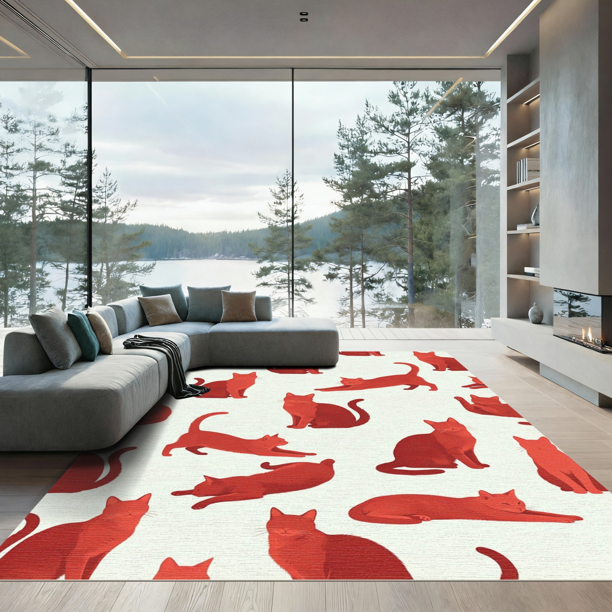 Minimalist Red Cat Silhouette Rug