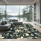 Elegant Cream Blossom Dark Botanical Rug