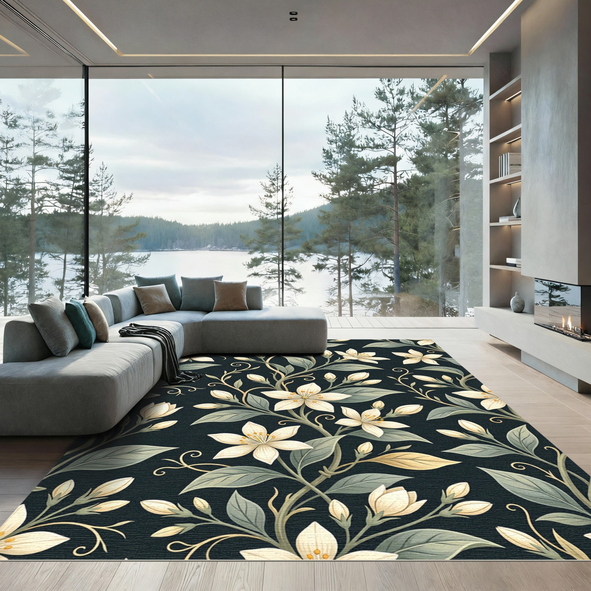 Elegant Cream Blossom Dark Botanical Rug