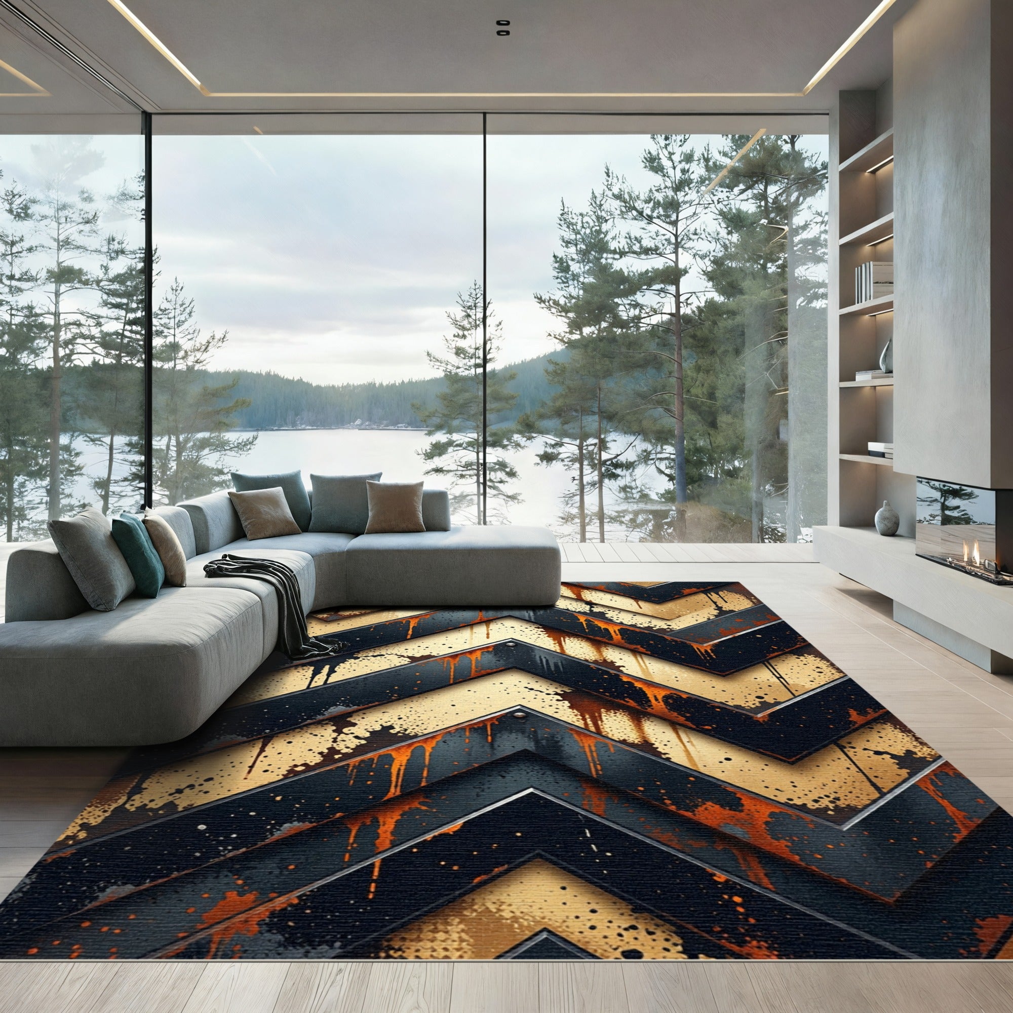 Industrial Black and Gold Chevron Rug
