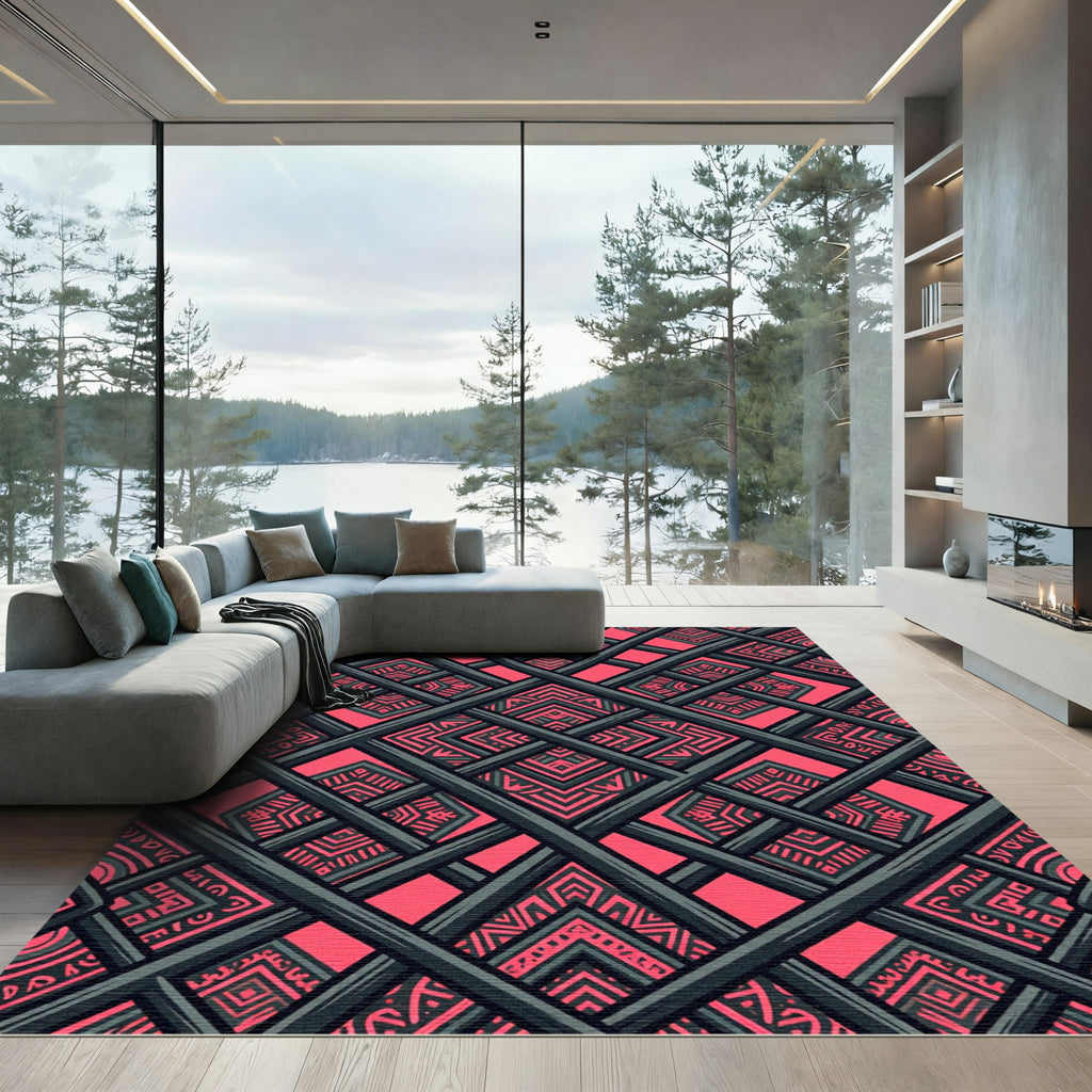Geometric Coral and Charcoal Lattice Rug