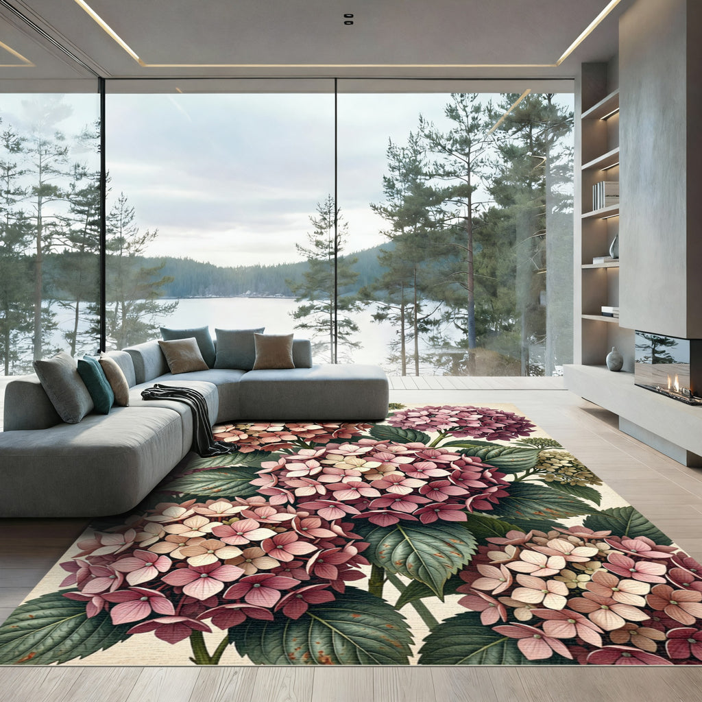 Vintage Pink Hydrangea Botanical Garden Rug