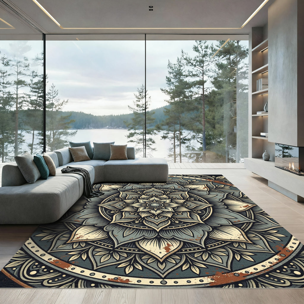 Gray Rustic Mandala Floral Art Rug