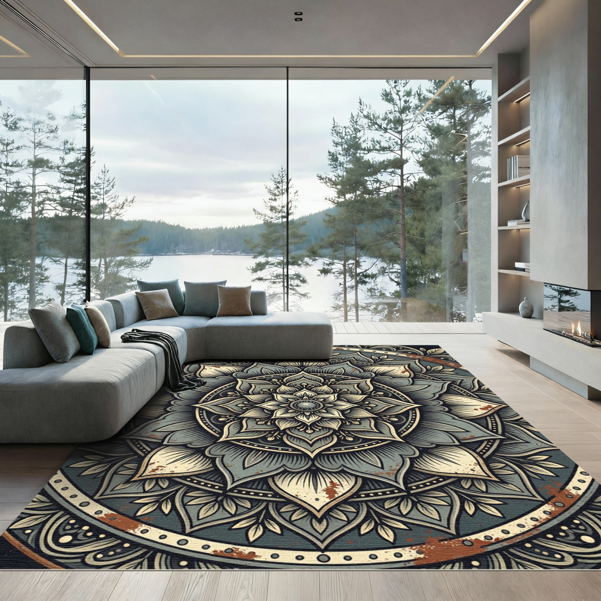 Gray Rustic Mandala Floral Art Rug