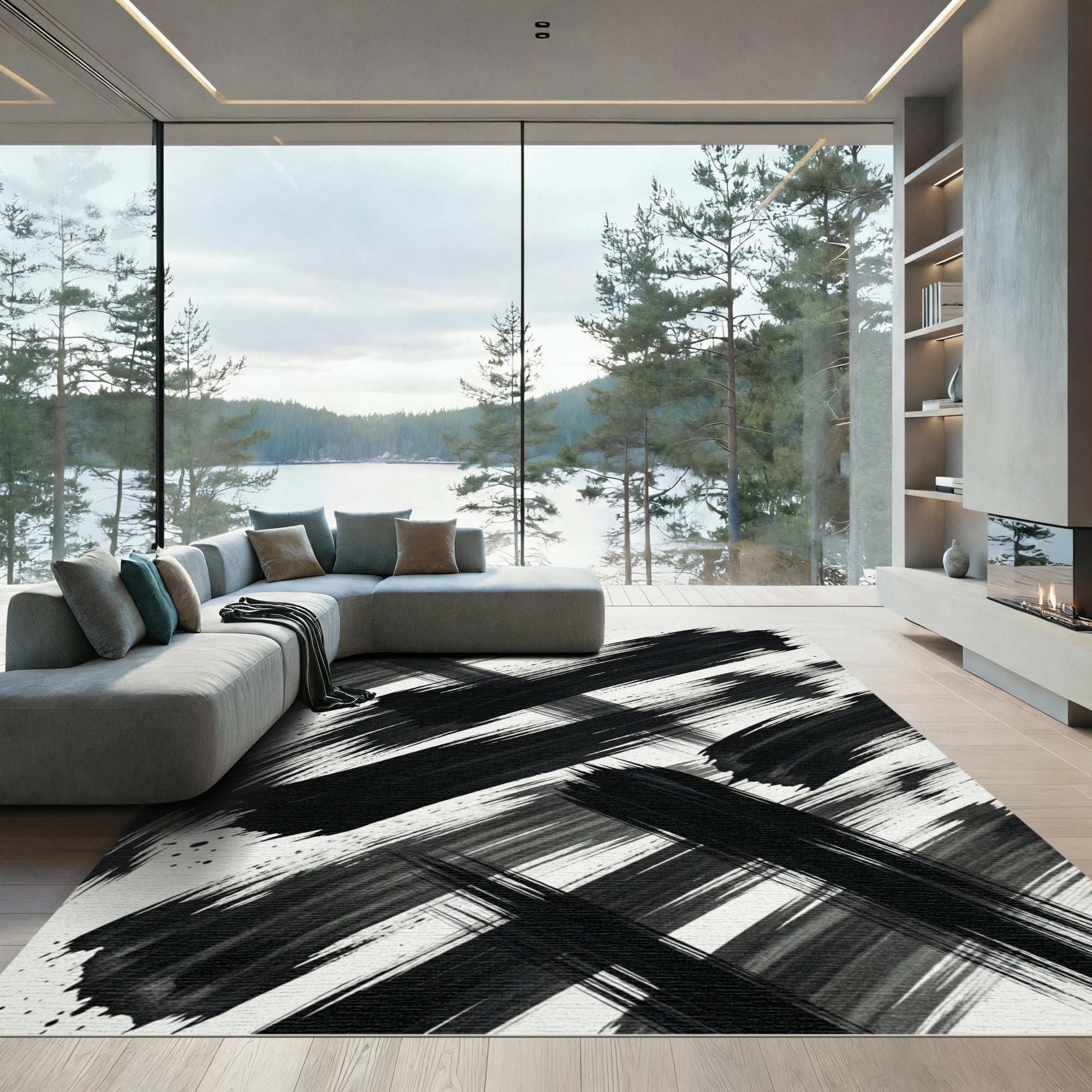 Bold Black Ink Brush Stroke Rug