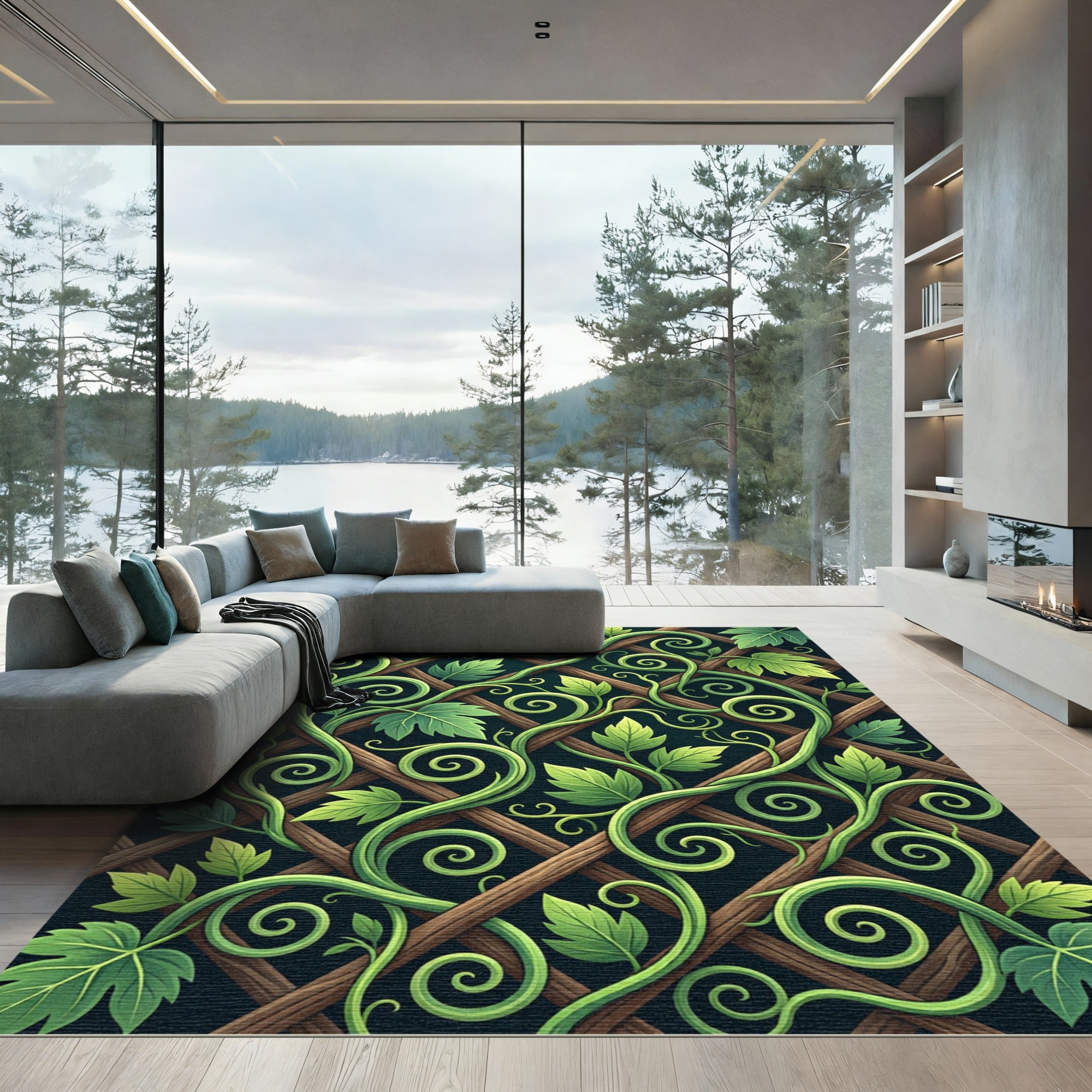 Lush Green Verdant Vine Trellis Rug