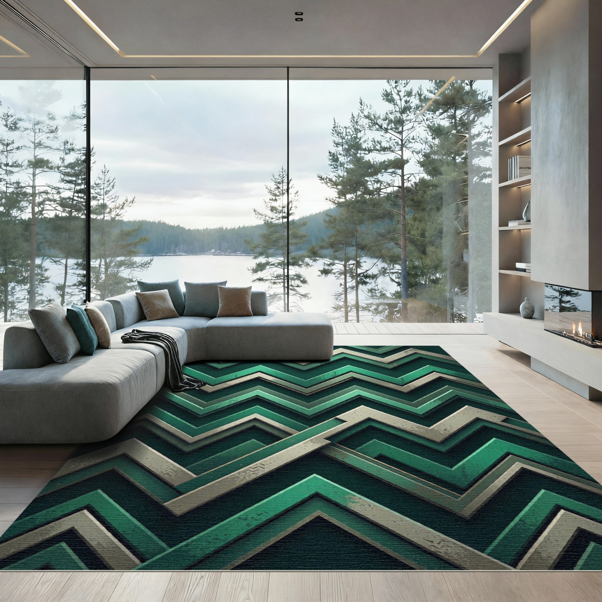 Modern Emerald Green Chevron Geometric Rug