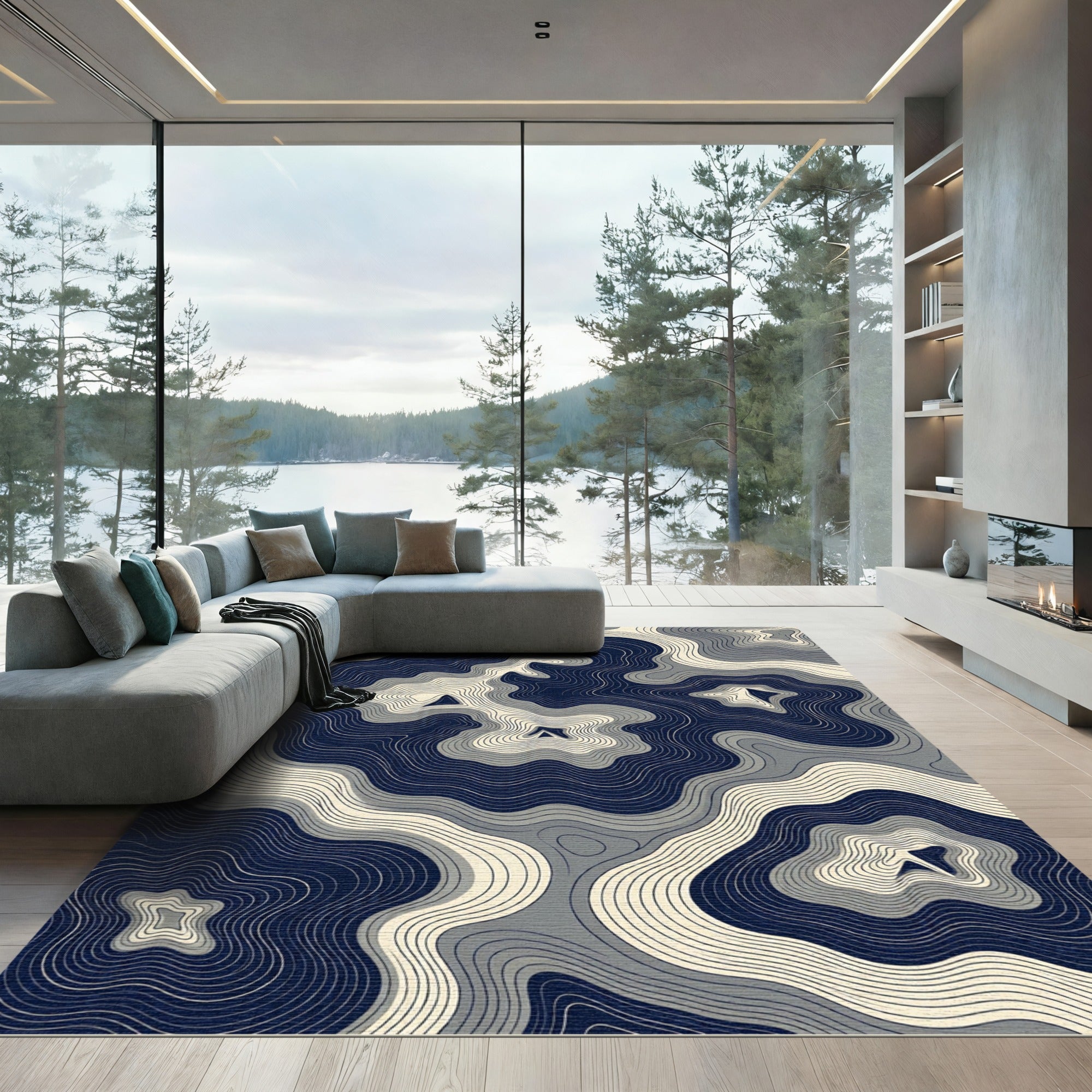 Abstract Navy and Cream Topographic Lines Rug