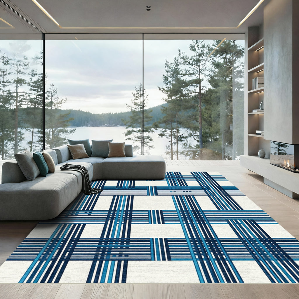 Geometric Navy Blue Linear Check Rug