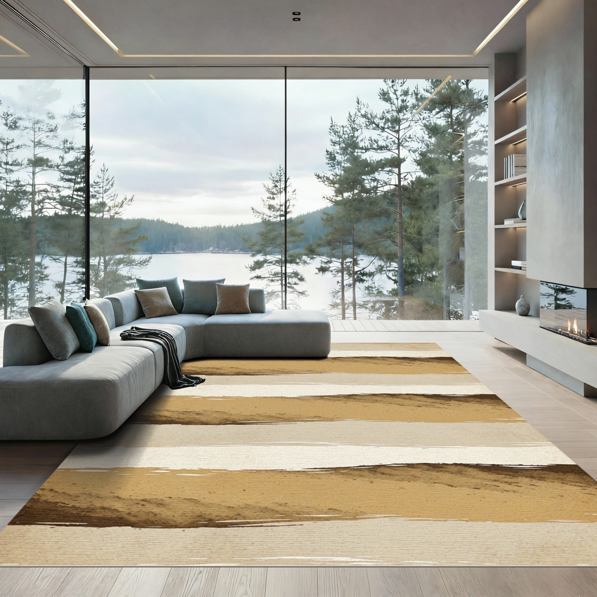 Minimalist Earthy Brown Horizontal Brushstroke Rug