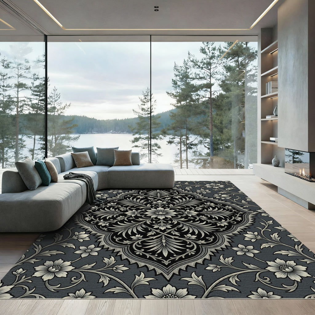 Classic Charcoal Ivory Floral Medallion Rug