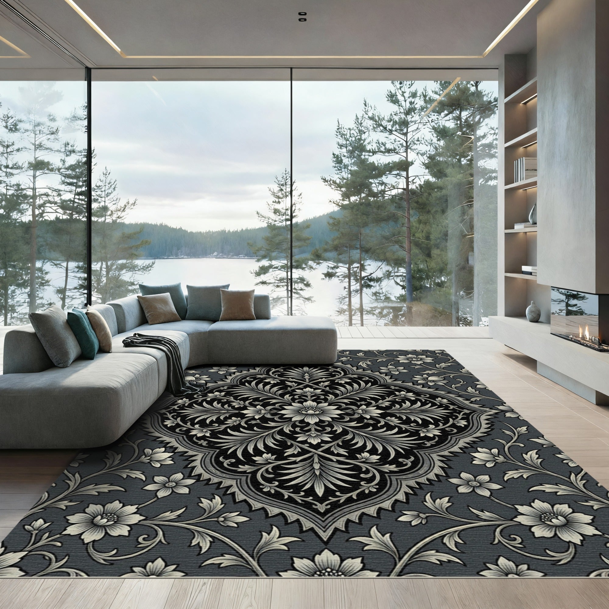 Classic Charcoal Ivory Floral Medallion Rug