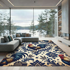 Vintage Blue Rooster Damask Star Wheat Rug