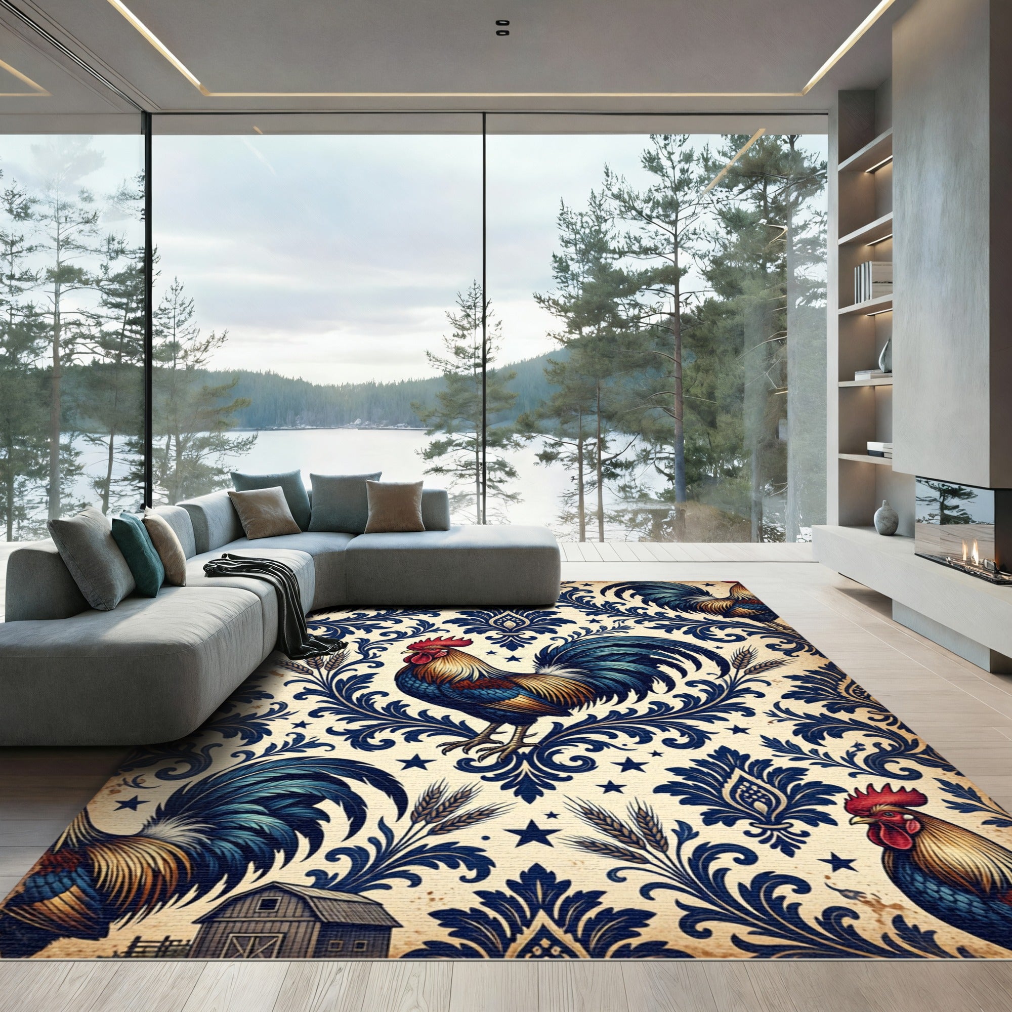 Vintage Blue Rooster Damask Star Wheat Rug