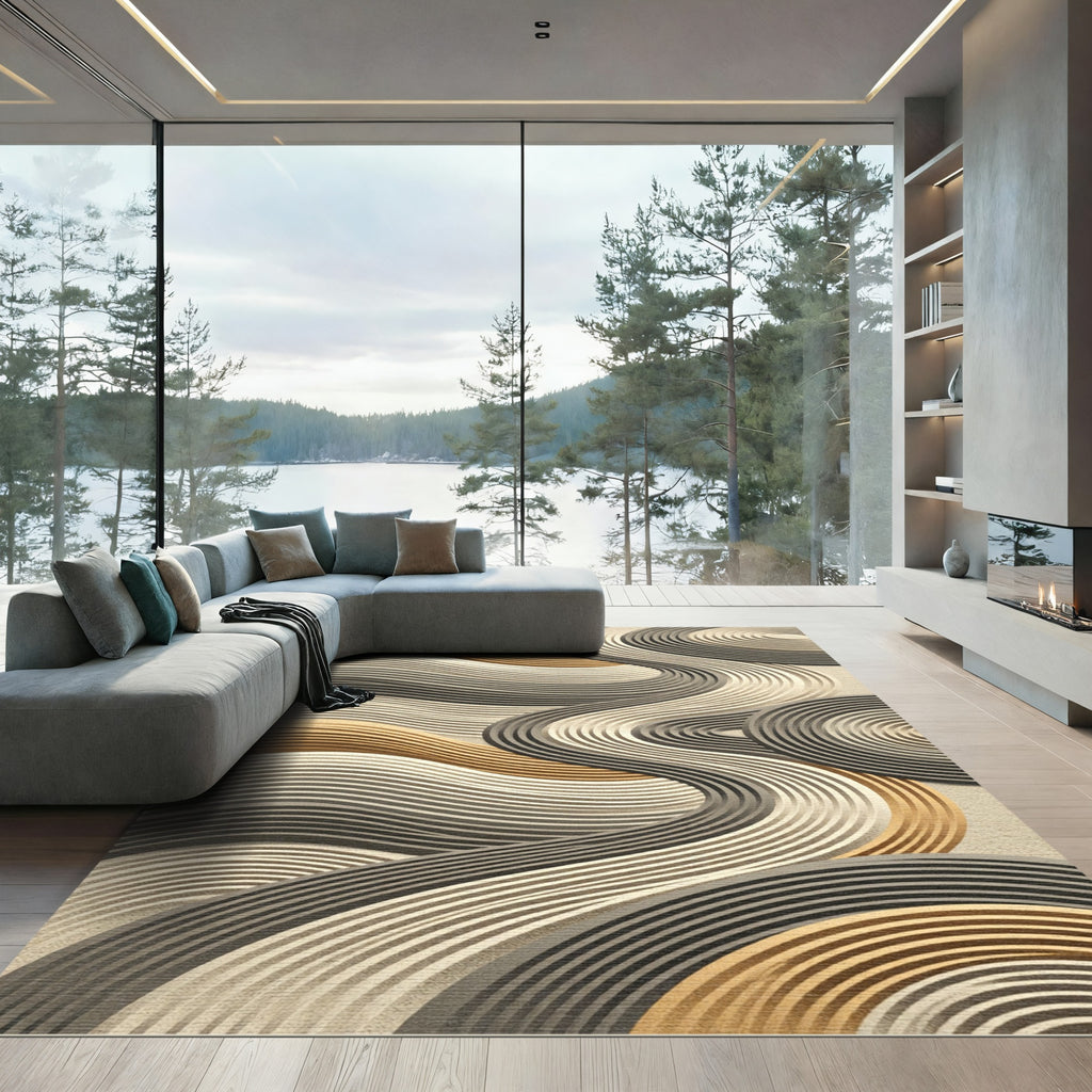 Neutral Sand Golden Abstract Wavy Lines Rug