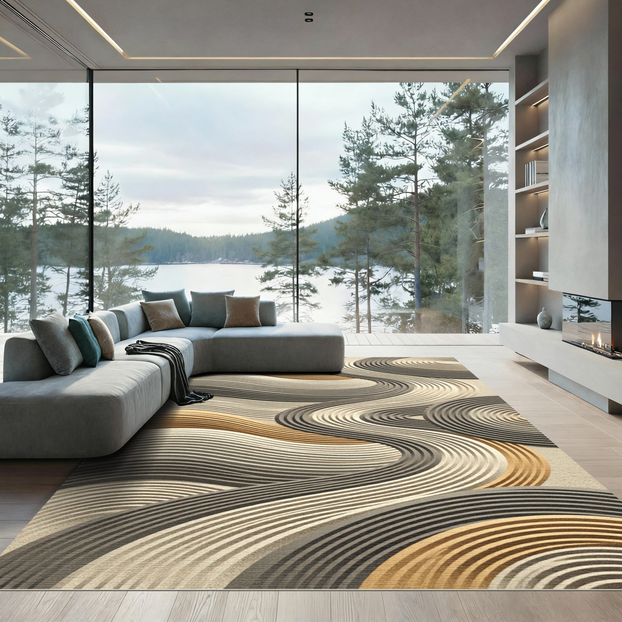 Neutral Sand Golden Abstract Wavy Lines Rug