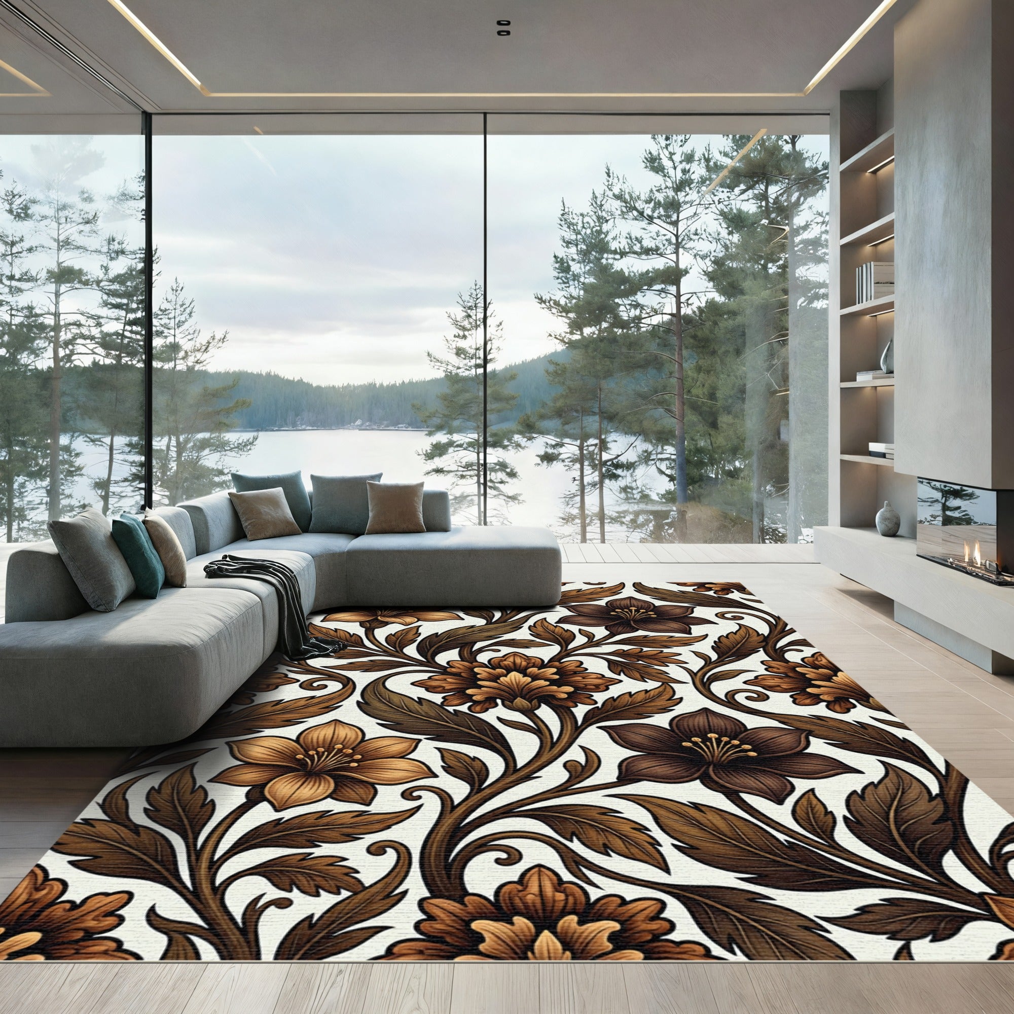 Earthy Brown Floral Vine Art Rug