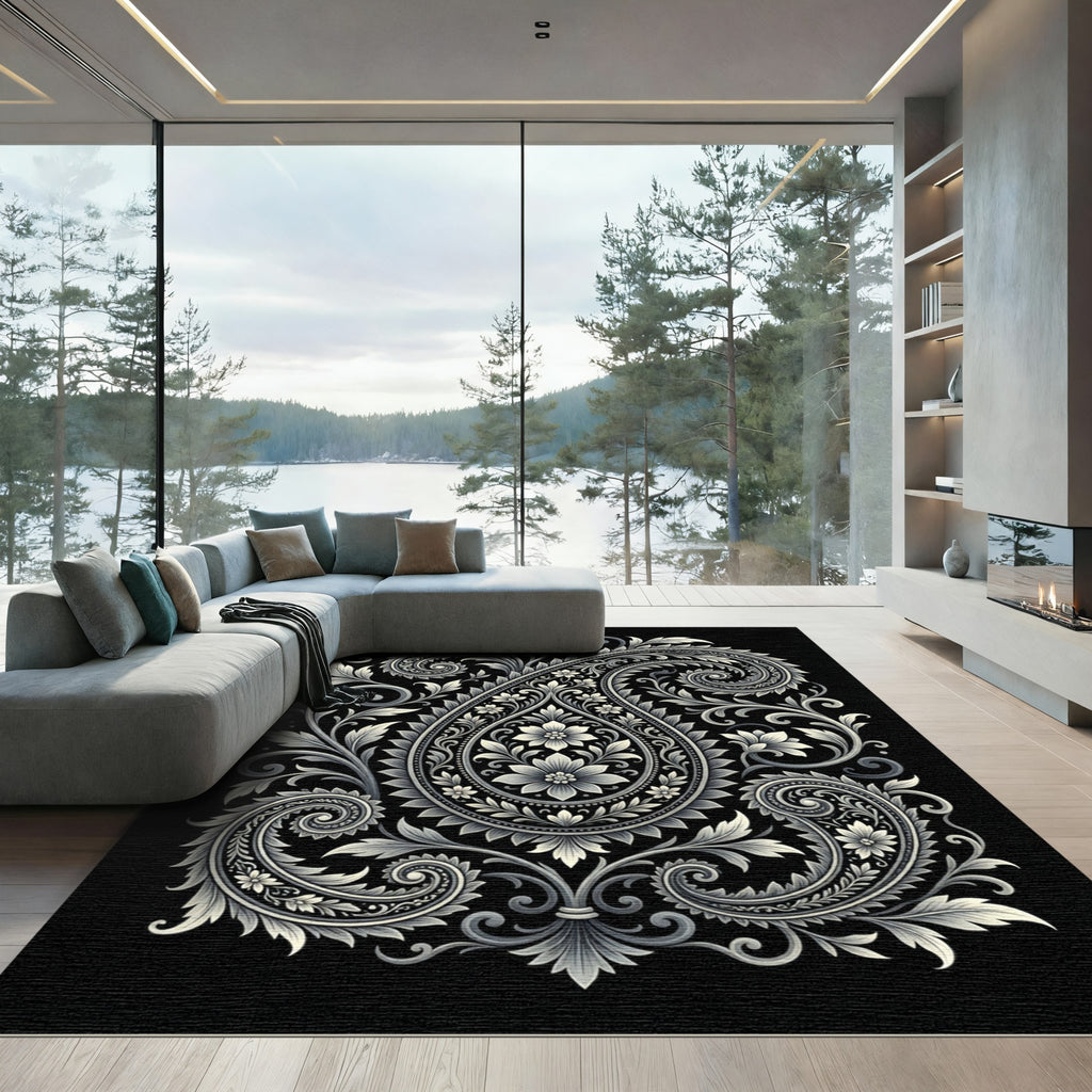Monochromatic Floral Paisley Swirls Rug